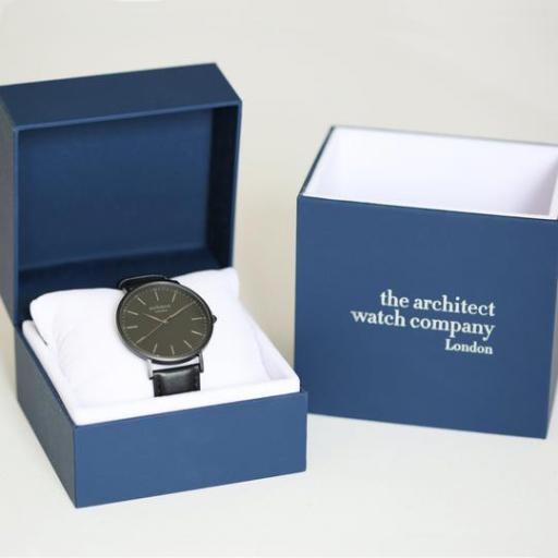 The Architect - Men's Minimalist Watch + Jet Black Strap - Modern Font Engraving